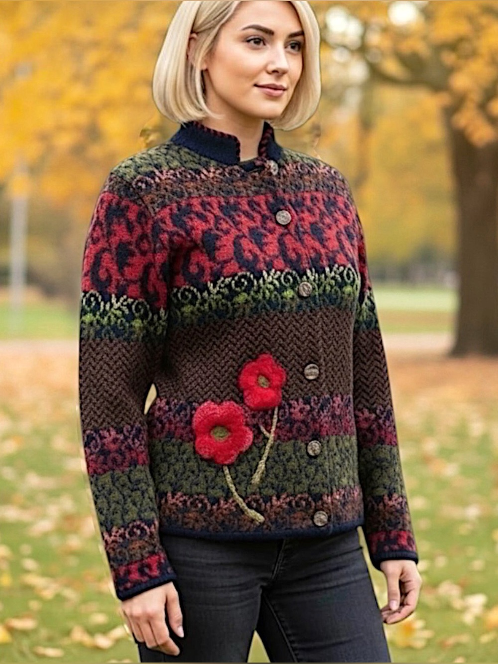 Susan Bristol Vintage Wool Cardigan Jacket 3D Floral Applique Cottagecore